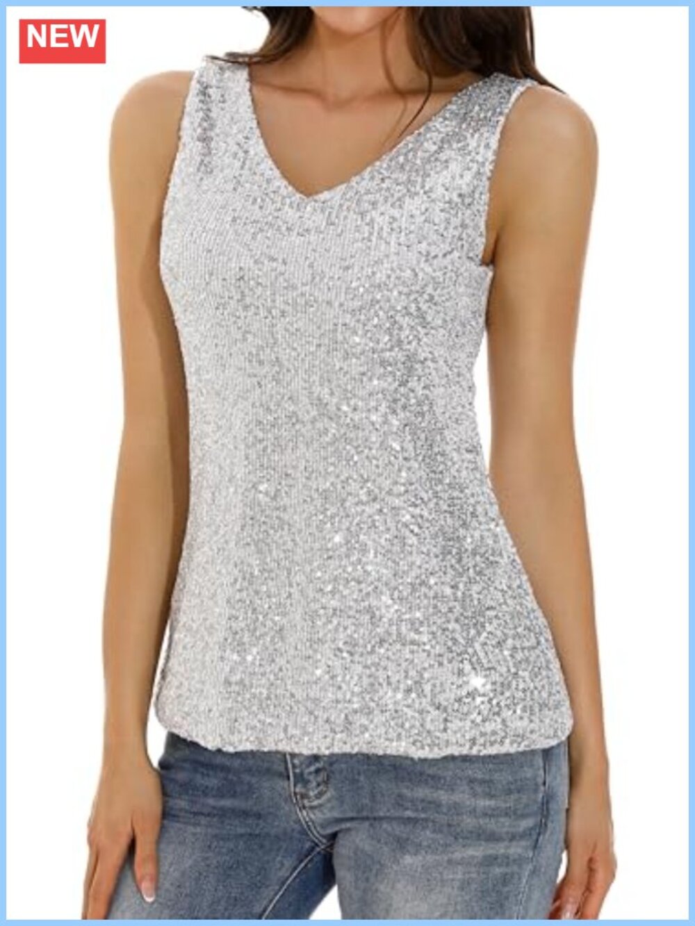Sequin Tank Top V Neck Sleeveless Sparkly Dressy Party Blouse